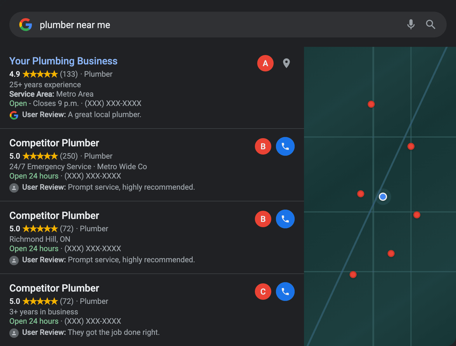 Google Maps local search results showing your business ranking #1 for plumber near me